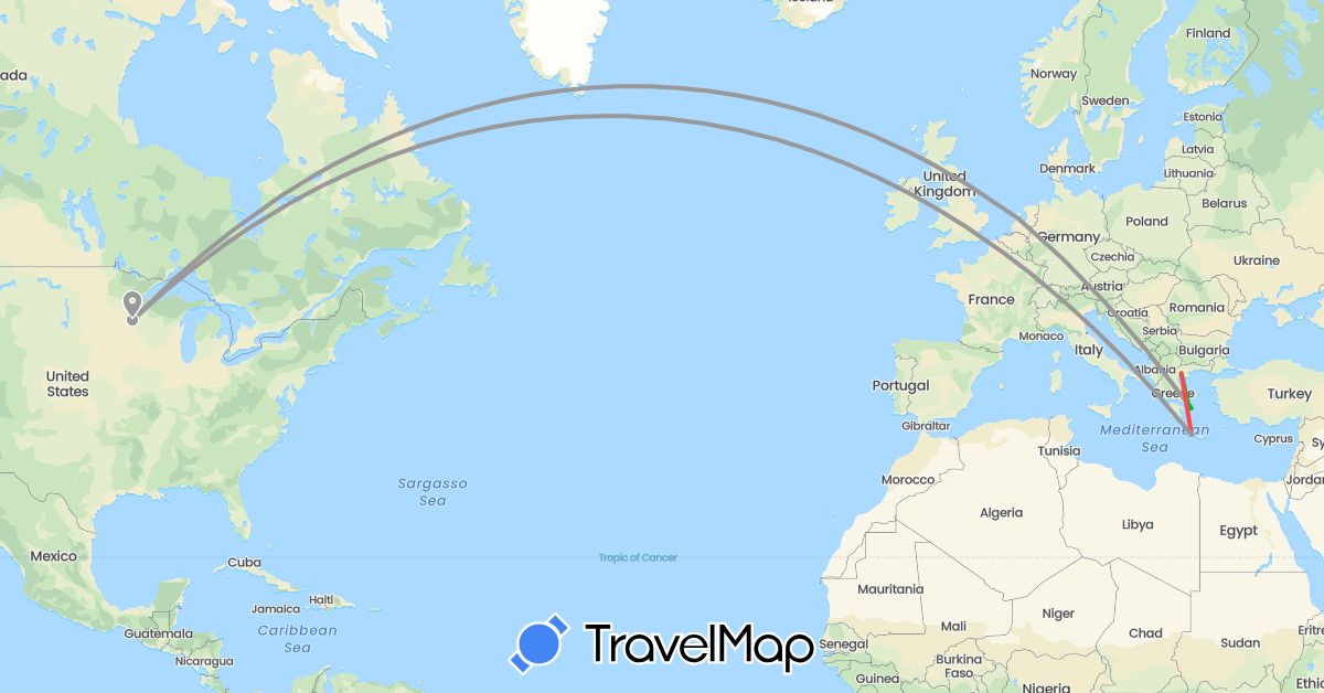 TravelMap itinerary: driving, bus, plane, hiking in Greece, Netherlands, United States (Europe, North America)